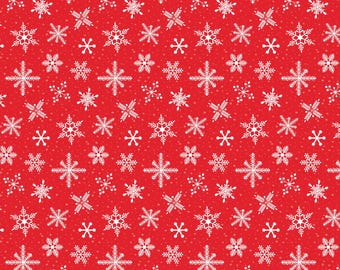 May include: A repeating pattern of white snowflakes on a bright red backdrop. The snowflakes vary in size and design, from intricate to simple shapes. Tiny white dots are also scattered across the red surface, creating a wintery and festive design.
