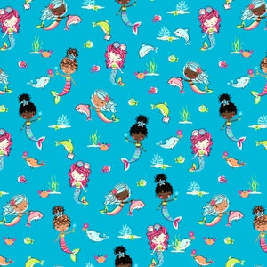 ライリーブレイク~マーメイドメイジング~人魚と海の生き物~ブルー~コットン生地 1ヤードあたりまたは長さを選択 C14190-ブルー