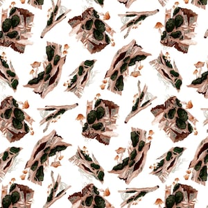 May include: A seamless pattern featuring watercolor illustrations of brown and green mushrooms growing on a light brown tree branch. The background is white.