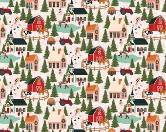 May include: A repeating pattern depicting a festive village scene. The design includes red barns, houses, churches, evergreen trees, tractors, and figures. Cows and hay bales are also present, creating a charming holiday theme.