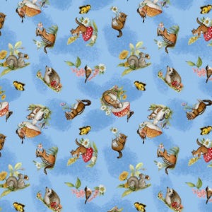Wilmington Prints~Gnome-Grown~Critter Toss~Blue~Cotton Fabric by the Yard or Select Length 39876-423
