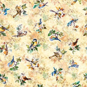 Quilting Treasures~Birdsong~Bird Toss~Digital~Tan~Cotton Fabric by the Yard or Select Length 30279-A
