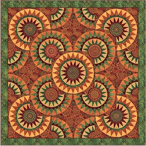 May include: A colorful quilt with a repeating pattern of orange, red, green, and brown starbursts. The quilt is made up of many smaller squares and triangles, creating a complex and intricate design.