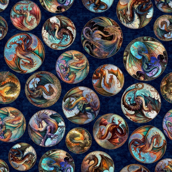 Quilting Treasures~Dragon Fyre~Dragon Round Patches~Digital~Navy~Cotton Fabric by the Yard or Select Length 29928-N