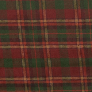 May include: A close-up of a plaid fabric with a repeating pattern of intersecting lines. The plaid features a color scheme of red, green, and tan. The fabric has a woven texture, with the lines creating a grid-like design.