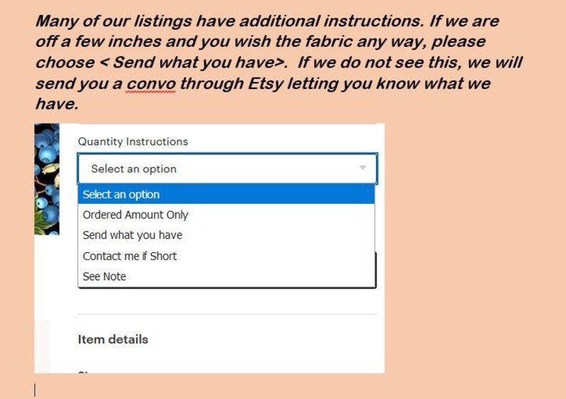 Puede incluir: Captura de pantalla de una p&aacute;gina web con instrucciones sobre pedidos de tela. El texto dice: "Muchos de nuestros listados tienen instrucciones adicionales..." Un men&uacute; desplegable muestra opciones como "Seleccionar una opci&oacute;n" y "Enviar lo que tienes".