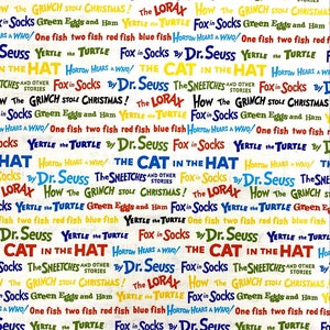 Robert Kaufman~Celebrate Seuss~Dr Seuss Book Titles~Celebration~Cotton Fabric by the Yard or Select Length ADE10789203