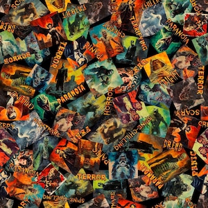 May include: A collection of vintage horror film posters arranged on a dark background. The posters depict monsters, zombies, and other scary figures. Words such as "Horror", "Terror", and "Nightmare" are displayed.