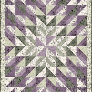 May include: A patchwork quilt with a starburst design. The quilt features triangles in shades of lavender, sage green, and cream, with floral and patterned fabrics. The border is a cream color with a floral pattern.