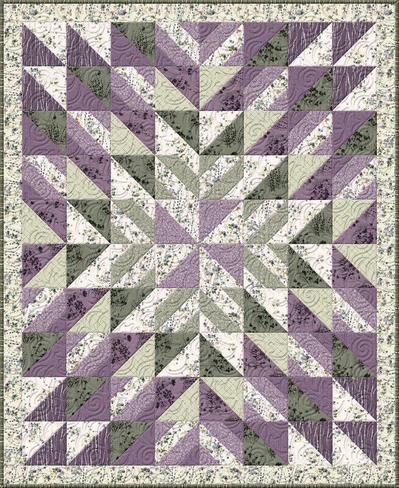 May include: A patchwork quilt with a starburst design. The quilt features triangles in shades of lavender, sage green, and cream, with floral and patterned fabrics. The border is a cream color with a floral pattern.