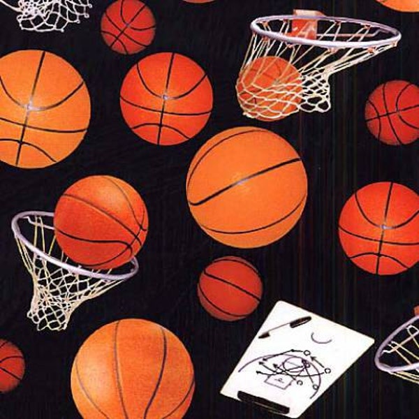 Elizabeths Studio~Sports~Toss de basket noir~Sports fantaisie~Tissu en coton par mètre ou longueur choisie 132E-BLK