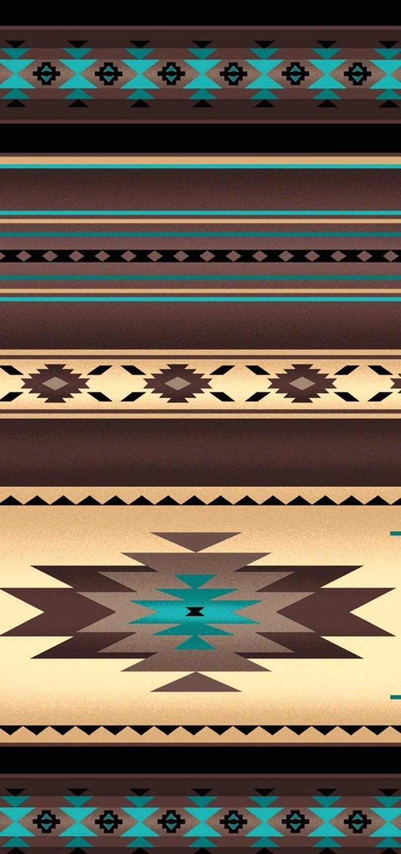 May include: A brown and beige patterned fabric with a turquoise geometric design. The pattern features a central diamond shape with smaller triangles and diamonds surrounding it. The fabric has a textured surface.