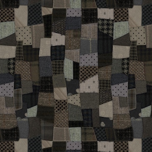 May include: A patchwork design featuring various fabrics in shades of gray, brown, and blue. The design includes polka dots, houndstooth, and plaid patterns. The pieces are sewn together to create a textured, abstract pattern.