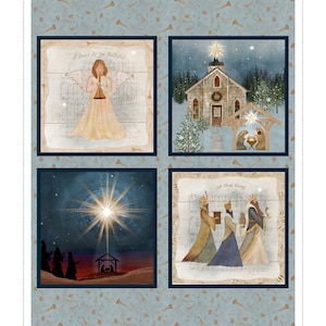 May include: A collage of four Christmas-themed illustrations. The top left image features an angel playing a trumpet with the words "O Come All Ye Faithful" above. The top right image shows a church with a star above it and a manger scene in the foreground. The bottom left image shows a star shining brightly in the night sky with a manger scene in the foreground. The bottom right image shows three wise men walking with the words "We Three Kings" above them.
