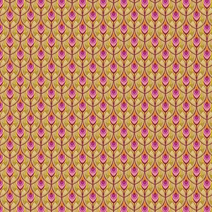 May include: A repeating pattern featuring a stylized peacock feather design. The pattern uses a palette of gold, magenta, and orange hues. The design is symmetrical and creates a textured, layered effect.