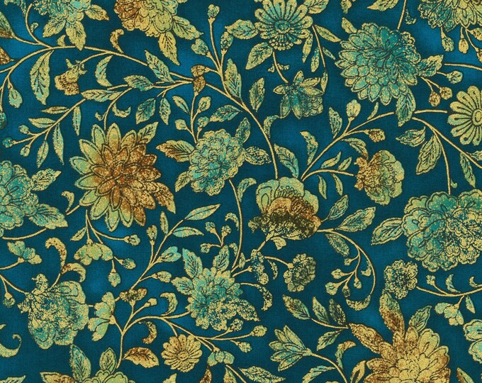 Robert Kaufman Fiorella Floral W/ Metallic Gold Teal Etsy