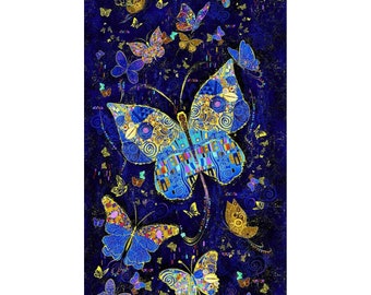 Timeless Treasures~Wings of Gold~24" x 43.5" Butterfly Panel w/ Metallic Gold~Navy~Cotton Fabric by the Panel CM2600-NAVY