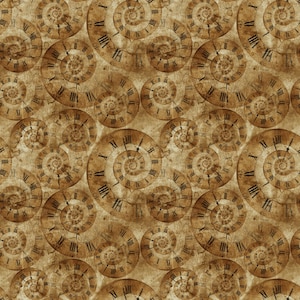 May include: A seamless pattern of antique clock faces with Roman numerals on a brown background. The clock faces are layered in a spiral pattern, creating a sense of depth and time.