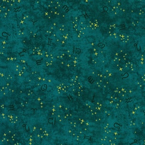 Robert Kaufman~Mapas estelares~Símbolos del zodíaco con oro metálico~Esmeralda (azul verdoso)~Tela de algodón cortada a medida o largo seleccionado SRKM2146740