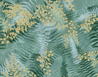 EOB Hoffman Chickadee Cheer Foliage w/ Metallic Gold Eucalyptus Cotton Fabric by the Yard or Select Length V7175-436G