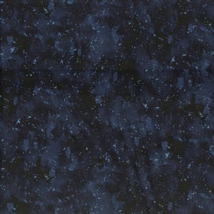 May include: A fabric featuring a dark navy blue and black mottled background with a scattered pattern of small, light blue speckles resembling a starry night sky or a textured paint effect across the entire surface of the material.