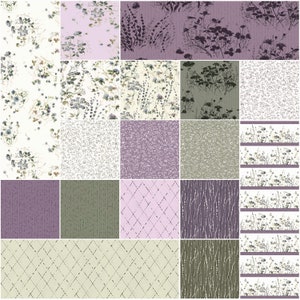 May include: A collection of floral and patterned wallpaper samples. The designs include various floral arrangements, abstract patterns, and geometric shapes in shades of purple, green, and cream. The samples are arranged in a grid.