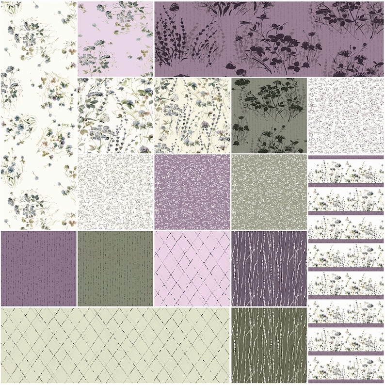 May include: A collection of floral and patterned wallpaper samples. The designs include various floral arrangements, abstract patterns, and geometric shapes in shades of purple, green, and cream. The samples are arranged in a grid.