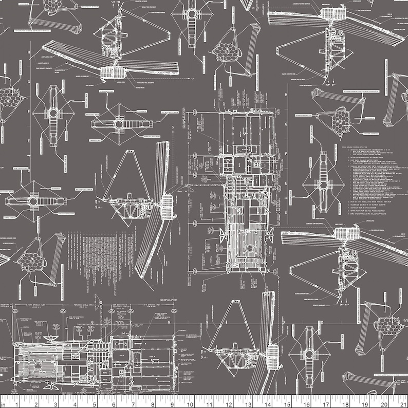 May include: A seamless pattern featuring a white and gray blueprint design of a satellite. The blueprint is repeated throughout the pattern, creating a technical and futuristic aesthetic.