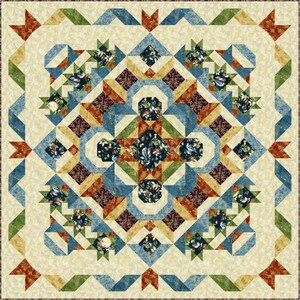May include: A quilt pattern with a geometric design featuring a central star shape surrounded by smaller stars and squares. The quilt is made with a variety of fabrics in shades of blue, green, brown, and cream.