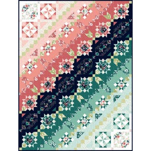 May include: A quilt with a diagonal pattern of colorful squares and stars. The quilt features shades of pink, green, blue, and black. The quilt is made with a variety of fabrics, including floral prints and geometric patterns.