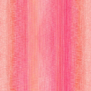 May include: A textile fabric featuring a vertical striped pattern in varying shades of pink, coral, and light red. The surface has a subtle, fine-grained texture that mimics the appearance of woven fibers, creating a consistent linear visual effect.