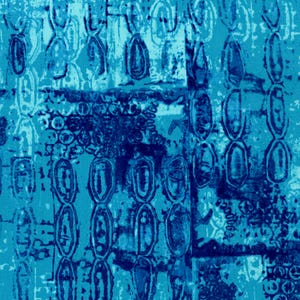 May include: Abstract textile pattern in shades of blue. The design features repeating oval shapes linked together, interspersed with geometric and organic forms. The colour palette includes light and dark blues, creating a textured, layered effect.