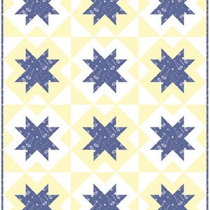 May include: A quilt pattern with nine blue stars on a yellow background. Each star is filled with a pattern of small blue stars and a white design. The quilt is bordered with a blue and white trim.