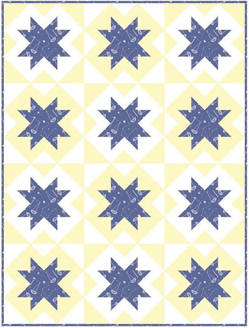 May include: A quilt pattern with nine blue stars on a yellow background. Each star is filled with a pattern of small blue stars and a white design. The quilt is bordered with a blue and white trim.