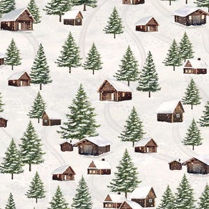 Puede incluir: Patrón repetitivo con pequeñas cabañas de madera con tejados nevados y árboles de hoja perenne sobre un fondo blanco. Las cabañas son marrones con ventanas iluminadas y los árboles son verdes. Escena invernal con senderos nevados.