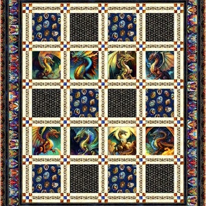 May include: A colorful quilt featuring a repeating pattern of dragons in various colors, including gold, red, and blue. The quilt has a dark blue border with a decorative edge and a cream-colored grid pattern.