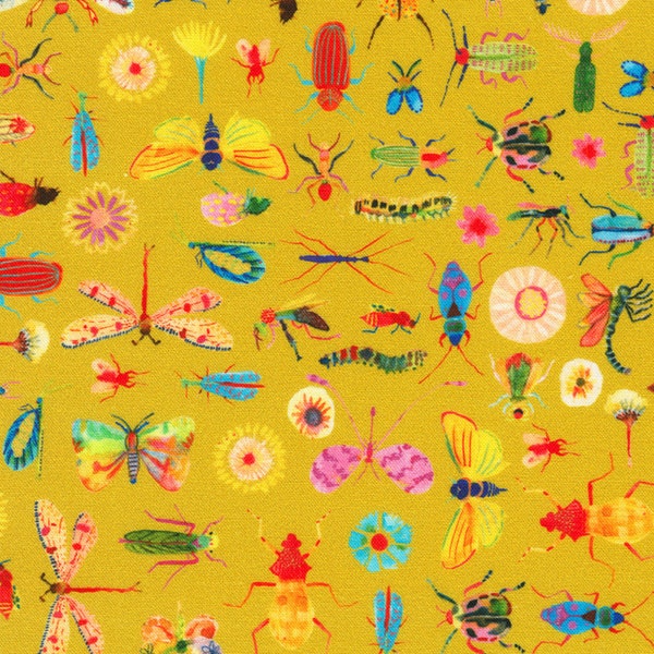Robert Kaufman~Flora & Fun~Insects~Digital~Mustard~Cotton Fabric by the Yard or Select Length ANAD22010135