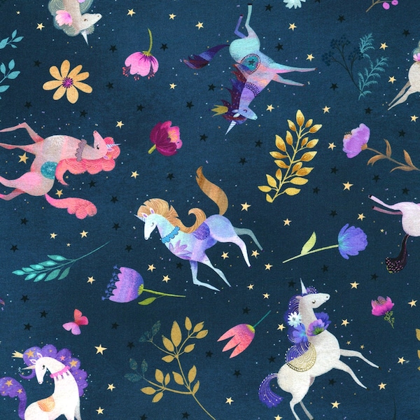 Robert Kaufman~Unicorn Meadow~Unicorns~Blue~Cotton Fabric by the Yard or Select Length AQOD224144