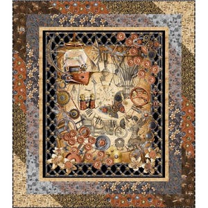 Puede incluir: Una colcha de inspiración vintage con un diseño steampunk con engranajes, relojes y un globo aerostático. La colcha está enmarcada con un enrejado negro y dorado y tiene una combinación de colores marrón, dorado y gris.