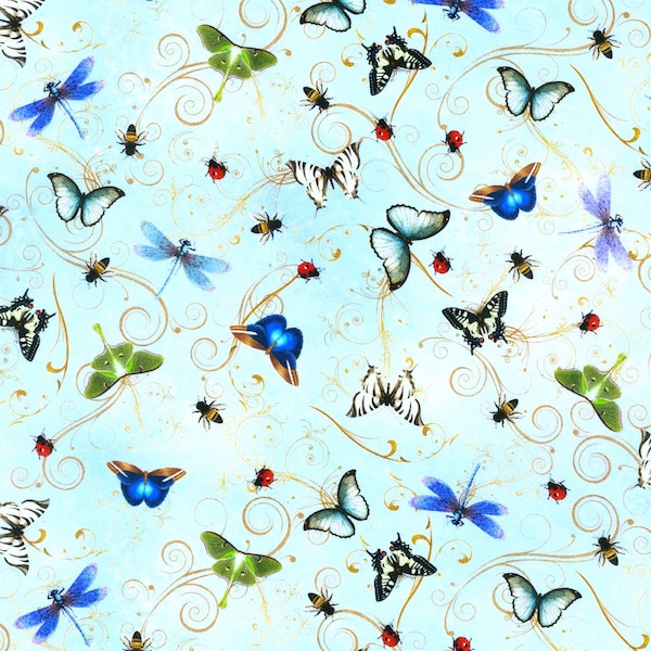 Robert Kaufman~Secret Garden~Insects~Sky~Cotton Fabric by the Yard or Select Length ADND2166163