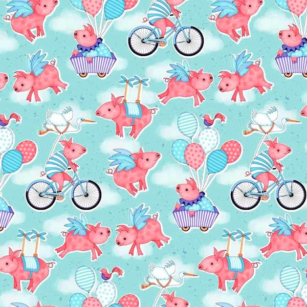 Quilting Treasures~When Pigs Fly~Flying Pigs and Bicycles~Digital~Aqua~Cotton Fabric by the Yard or Select Length 30073-Q