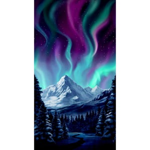 Timeless Treasures~Northern Lights~24.5&quot; x 43.25&quot; Snowy Mountain W/ River & Aurora Borealis Panel~Multi~Cotton Fabric by Panel CD3494-MULTI