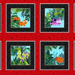May include: A red background with black frames surrounding colorful illustrations of insects in a jungle setting. The insects include a ladybug, a spider, a caterpillar, a centipede, a beetle, and a praying mantis.