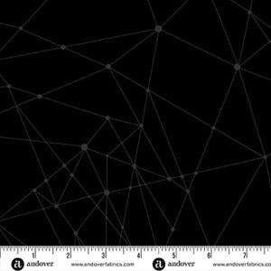 May include: Black fabric with a geometric design of interconnected lines and dots. The pattern is a network of gray lines and circles against a solid black background. The fabric has a ruler along the bottom edge with the Andover Fabrics logo.