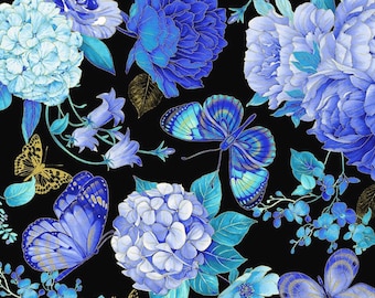 Tela de algodón digital Timeless Treasures Escapade Butterfly Floral con dorado metálico, negra, cortada a medida o con largo seleccionado CM3791-BLACK