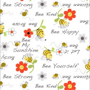 Tkanina bawełniana Susybee Sweet Bees Words Floral White, cięta na wymiar lub do wyboru długość SB20362-100