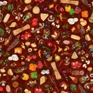 Puede incluir: Un patrón sin costuras que presenta una variedad de ingredientes de comida italiana, incluyendo pimientos rojos y verdes, tomates, champiñones, ajo, queso, salami y pasta. El fondo es de un color marrón intenso.