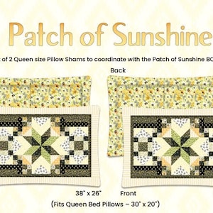 May include: Set of two queen-sized pillow shams with a patchwork design featuring a green star on a cream background. The shams are 38 inches by 26 inches and fit queen-sized bed pillows that are 30 inches by 20 inches. The back of the shams features a yellow floral pattern with black bees.