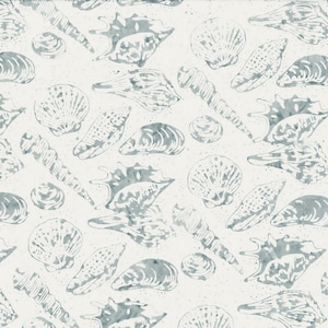 May include: A seamless pattern featuring a variety of seashells in shades of blue and gray on a white background. The shells are arranged in a random pattern and include various shapes and sizes.