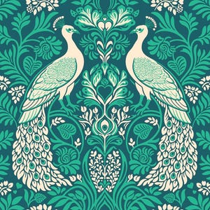 May include: A teal blue background with a repeating pattern of white peacocks and stylised floral designs. The peacocks are facing each other with their tails spread out.
